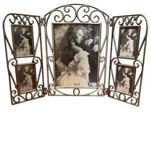 Vintage Trifold Pewter Collage Photo Frame Scroll Work 5 Openings